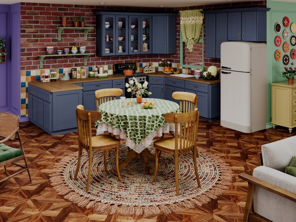 This design is inspired by the cozy and colorful apartment kitchens seen in 90s American sitcoms.