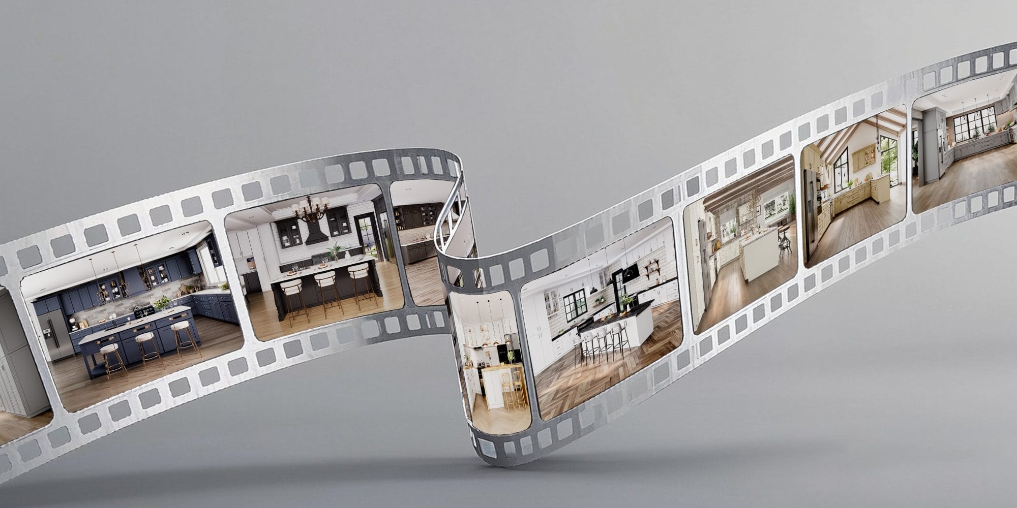 Filmstrip of multiple kitchen cabinet layouts