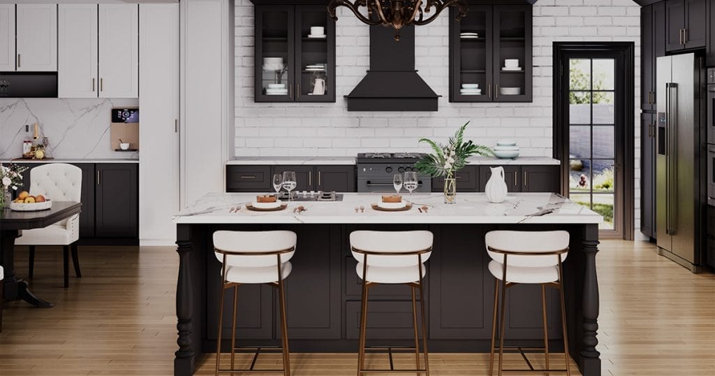 Modern black kitchen cabinets in a front view with sleek design and warm lighting.