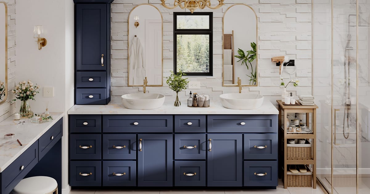 Modern blue bathroom with vanity and mirror
