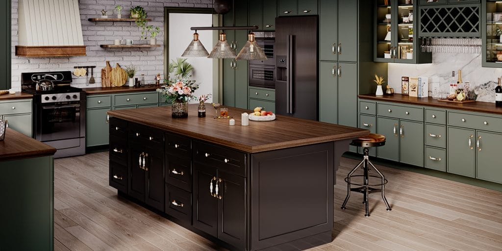 Cabinet - green kitchen cabinets angled view Green Kitchen Cabinets – Angled View of a Contemporary Renovated Kitchen