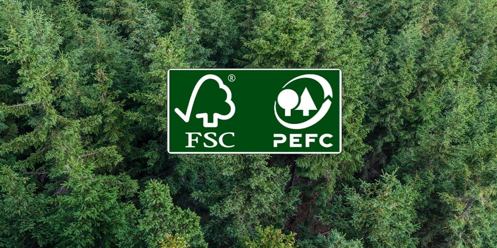 Cabinet - FSC and PEFC Forest background with FSC and PEFC certification logos, representing responsibly sourced and sustainably managed wood materials.