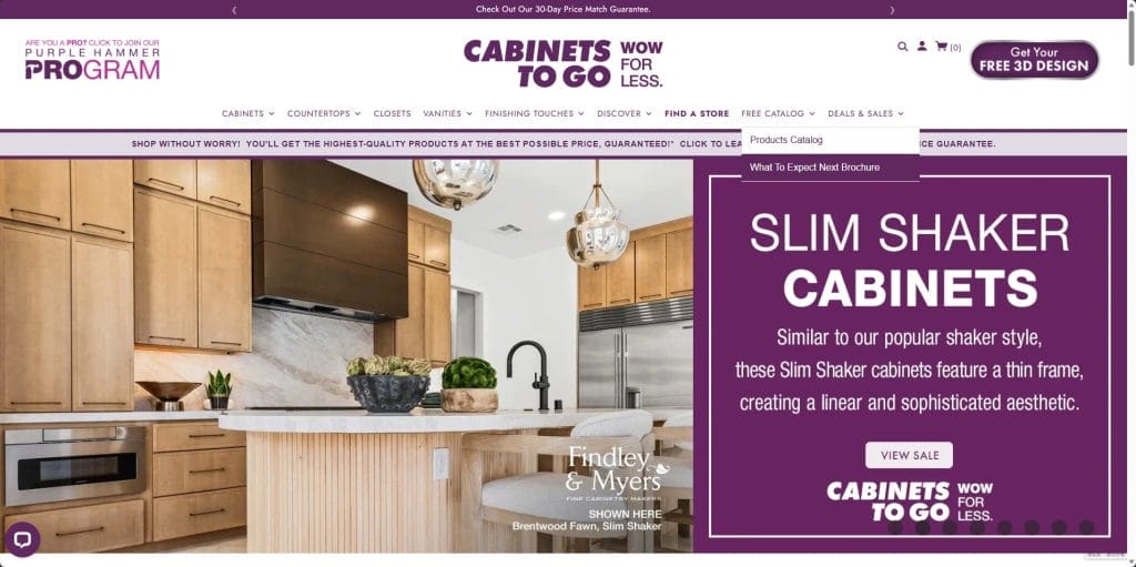 Cabinet - cabinetstogo Cabinets To Go homepage with Slim Shaker cabinet promotion and modern kitchen display.