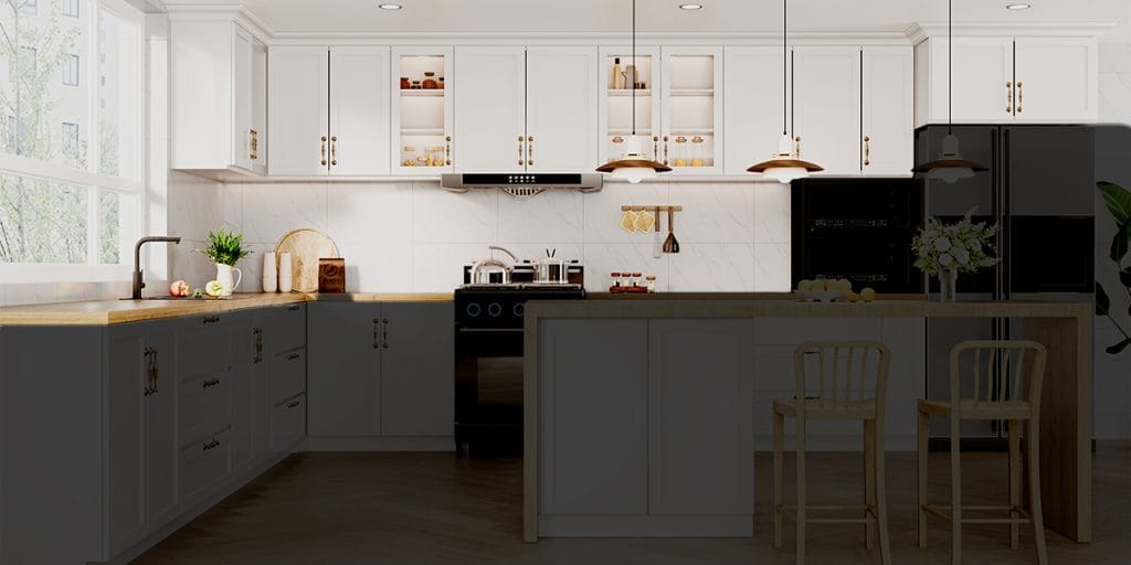 A bright white kitchen with wall cabinets highlighted, while the rest of the space is darkened, clearly showing the position of upper cabinets above the countertop.