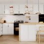 A bright modern white kitchen featuring a central island, sleek cabinetry, and natural light. Ideal for small or large California homes.