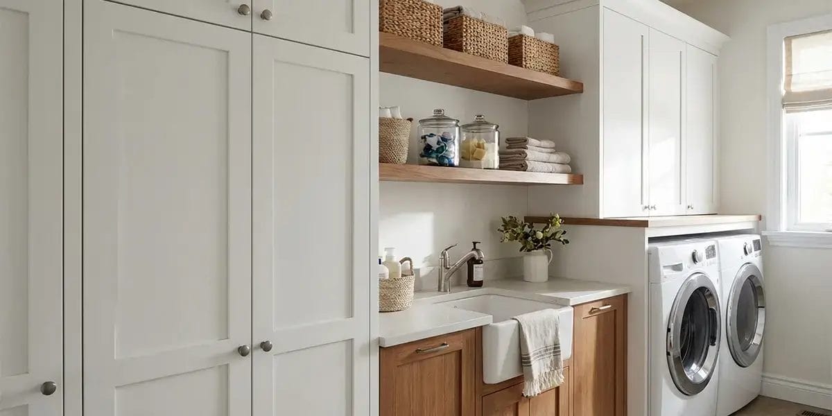 Open shelving combined with cabinets