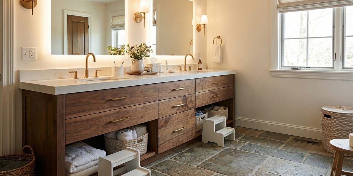 warm and practical family bathroom vanity