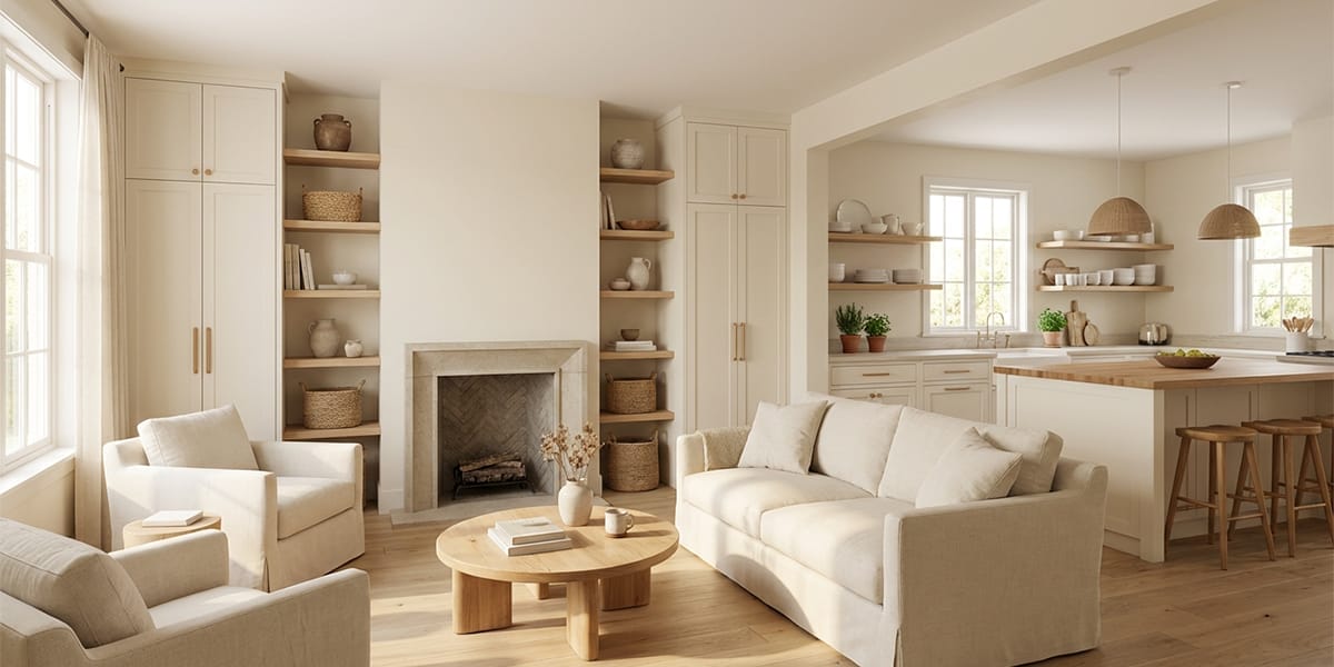 Cream Open-Concept Kitchen and Living Room