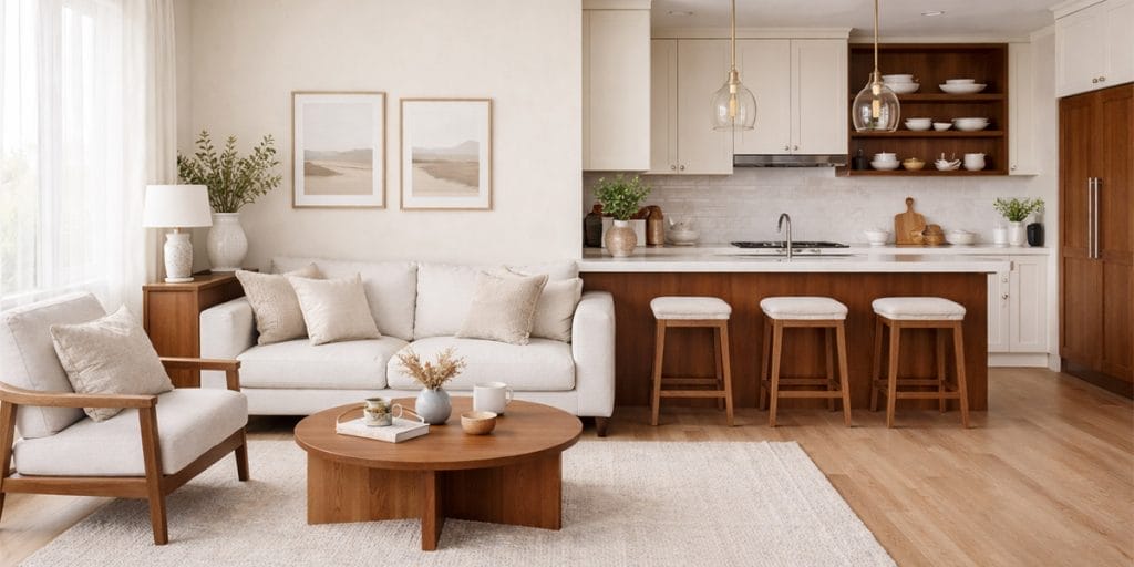 Cream & Walnut Open Kitchen Living Room