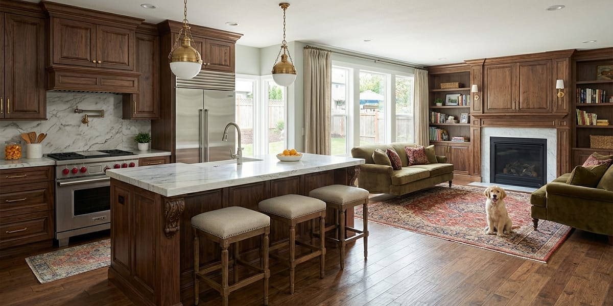 Luxurious Walnut Villa Kitchen with Puppy