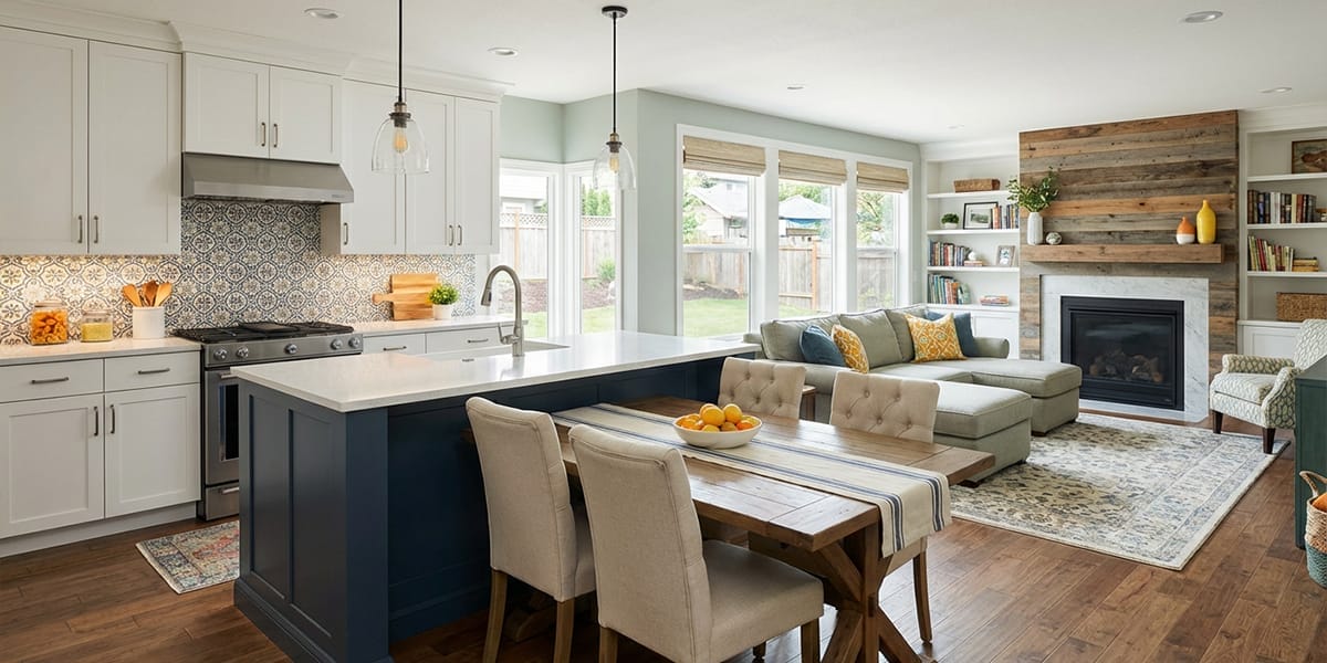 Transitional Open-Concept Kitchen with Blue Island