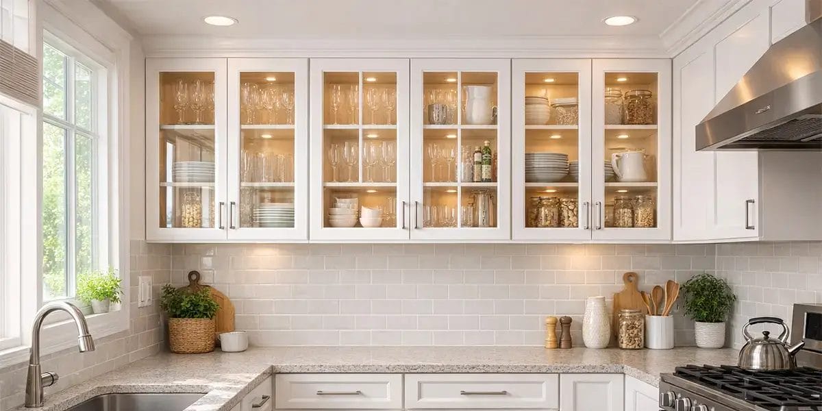 glass cabinet bright modern kitchen