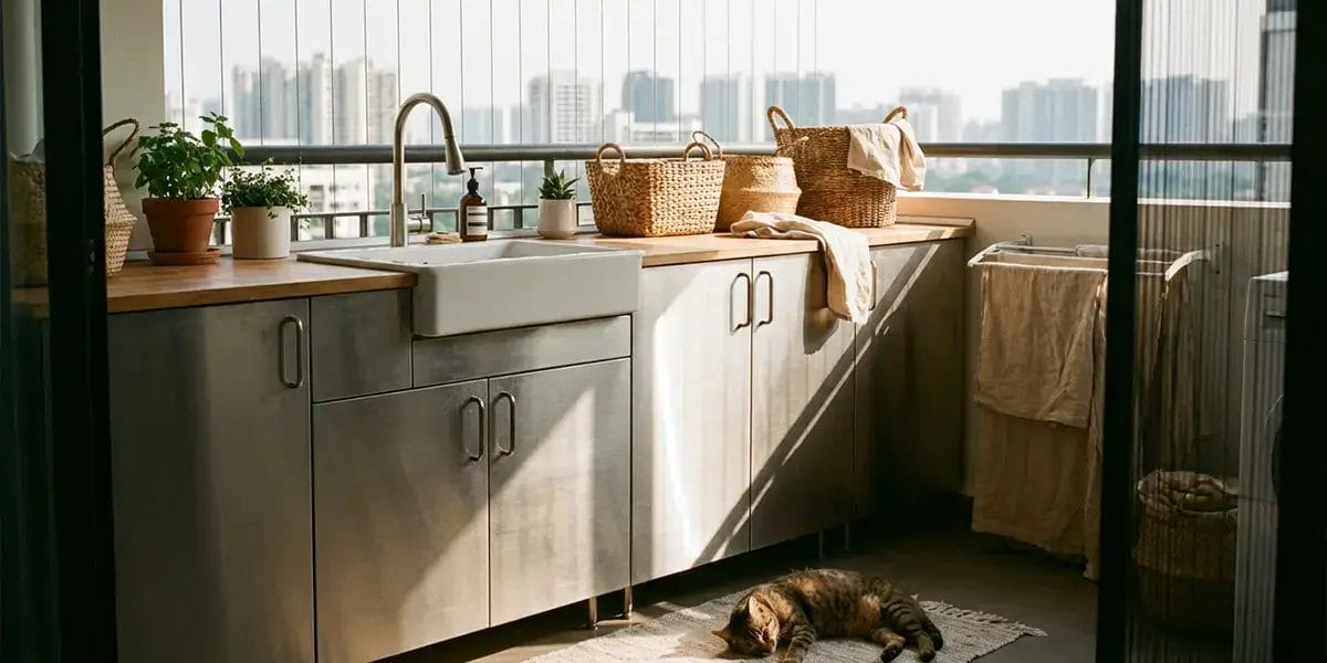 A Serene and Cozy Balcony Laundry Nook with Stainless Steel Cabinets