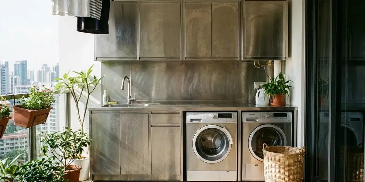 Sleek Stainless Steel Laundry Cabinets on a Sunlit Balcony