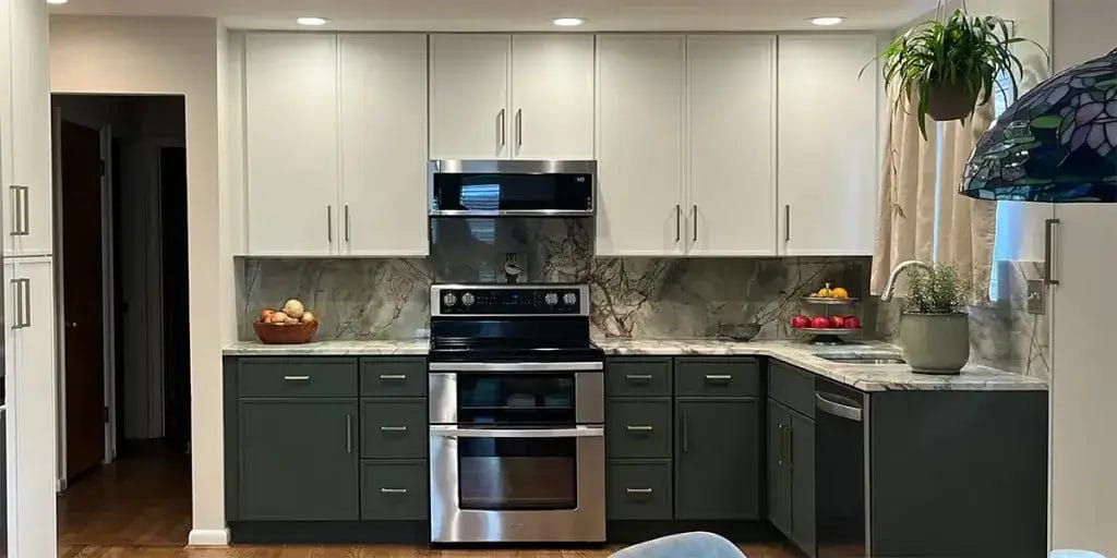 Cabinet - Two Tone Kitchen Cabinets Modern two-tone kitchen with white upper cabinets and sage green lower cabinets, marble countertops